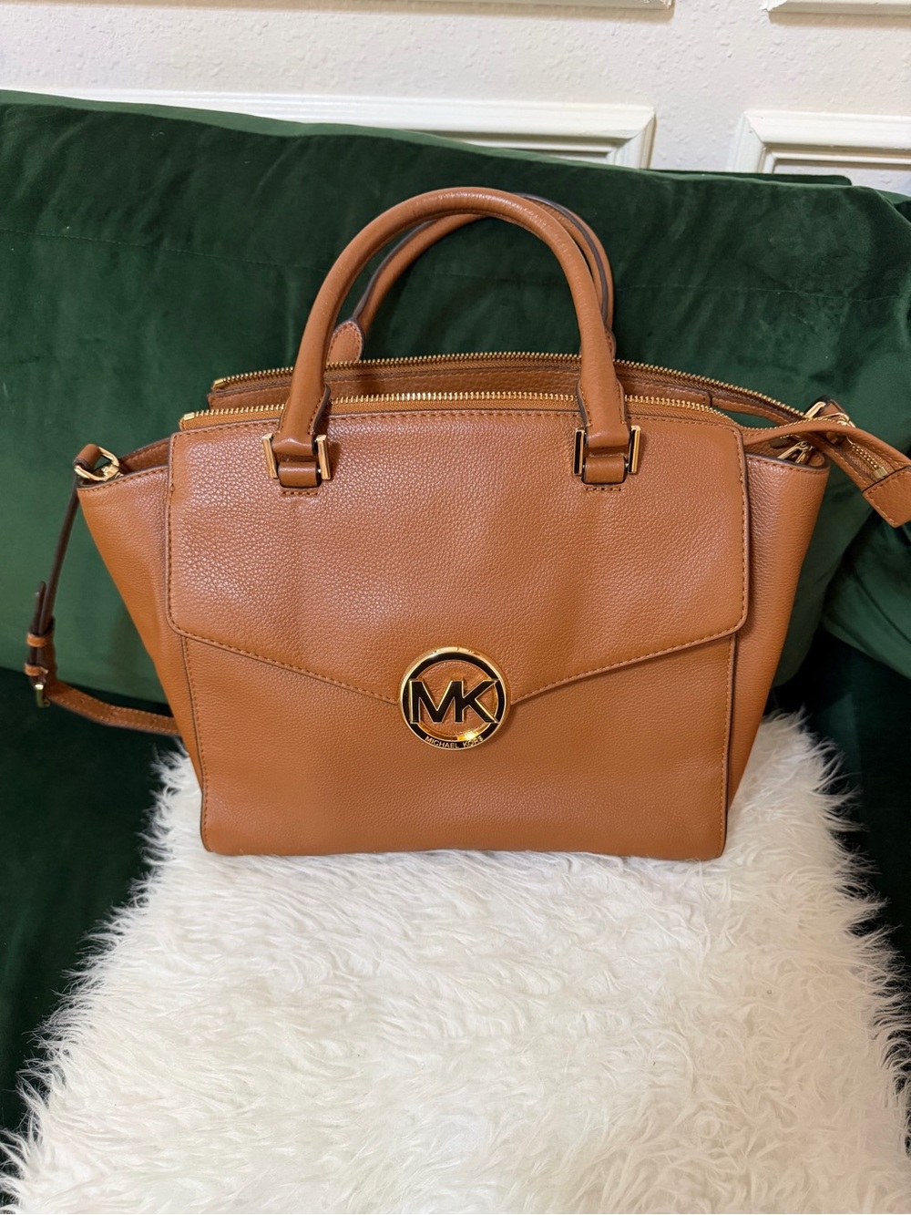 Michael Kors Cognac Pebbled Leather Satchel with Gold MK Emblem